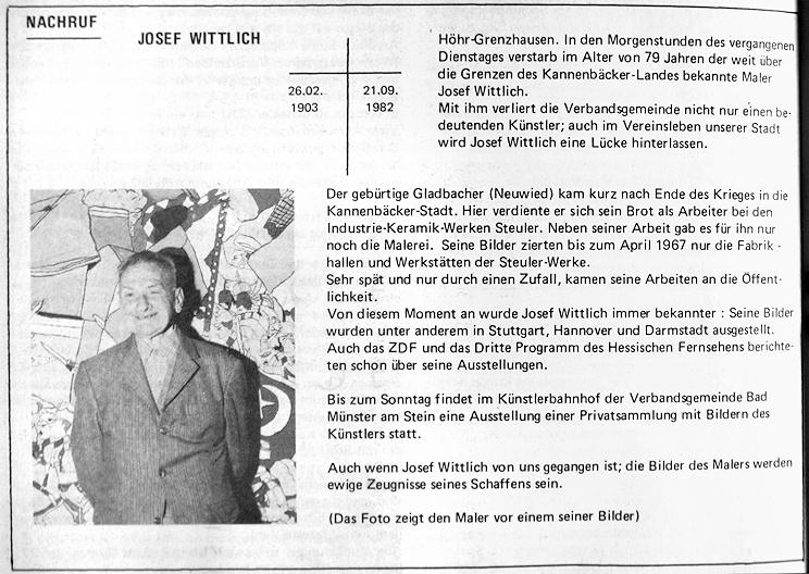 Josef Wittlich - 1903 - 1982 - Nachruf der Verbandsgemeinde Höhr-Grenzhausen
